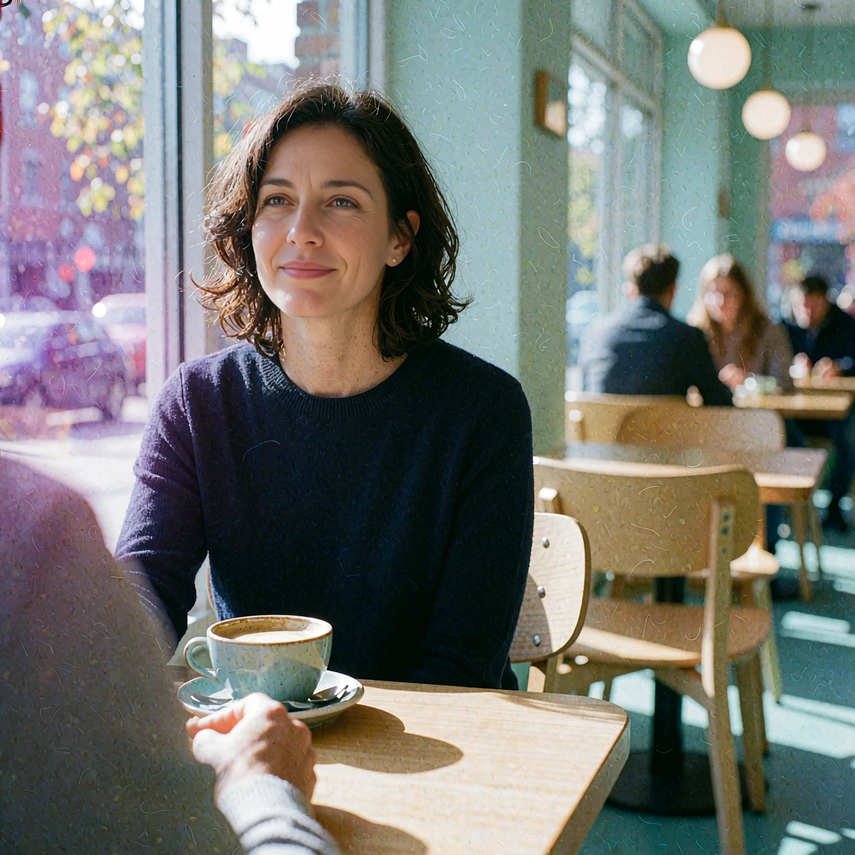 Woman in a navy sweater at a sunny public café table, ready to greet a first date in a busy, safe place