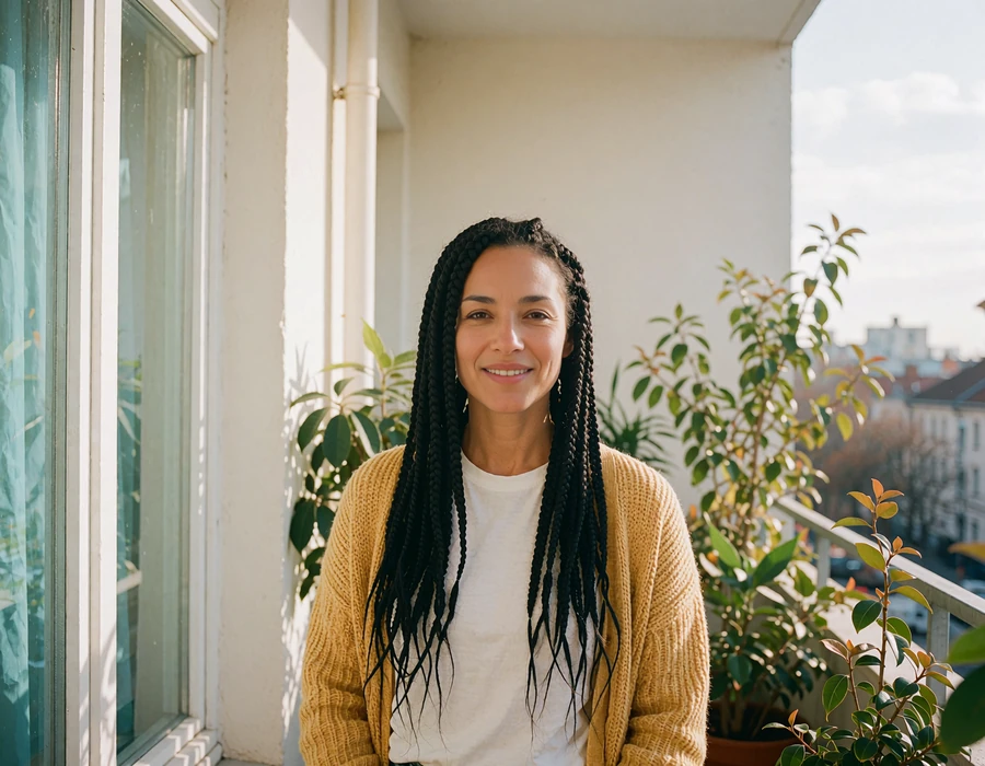 Illustrative dating profile photo of a woman in a mustard cardigan with box braids on a sunny balcony