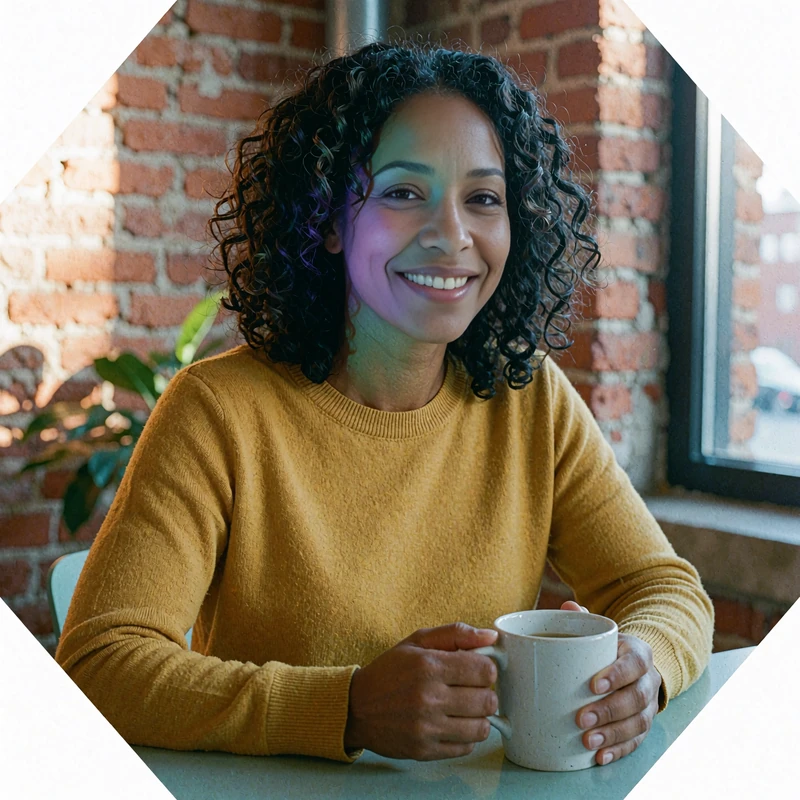 Woman in a mustard sweater holding a coffee mug and smiling by a brick wall, casual first-date coffee feel