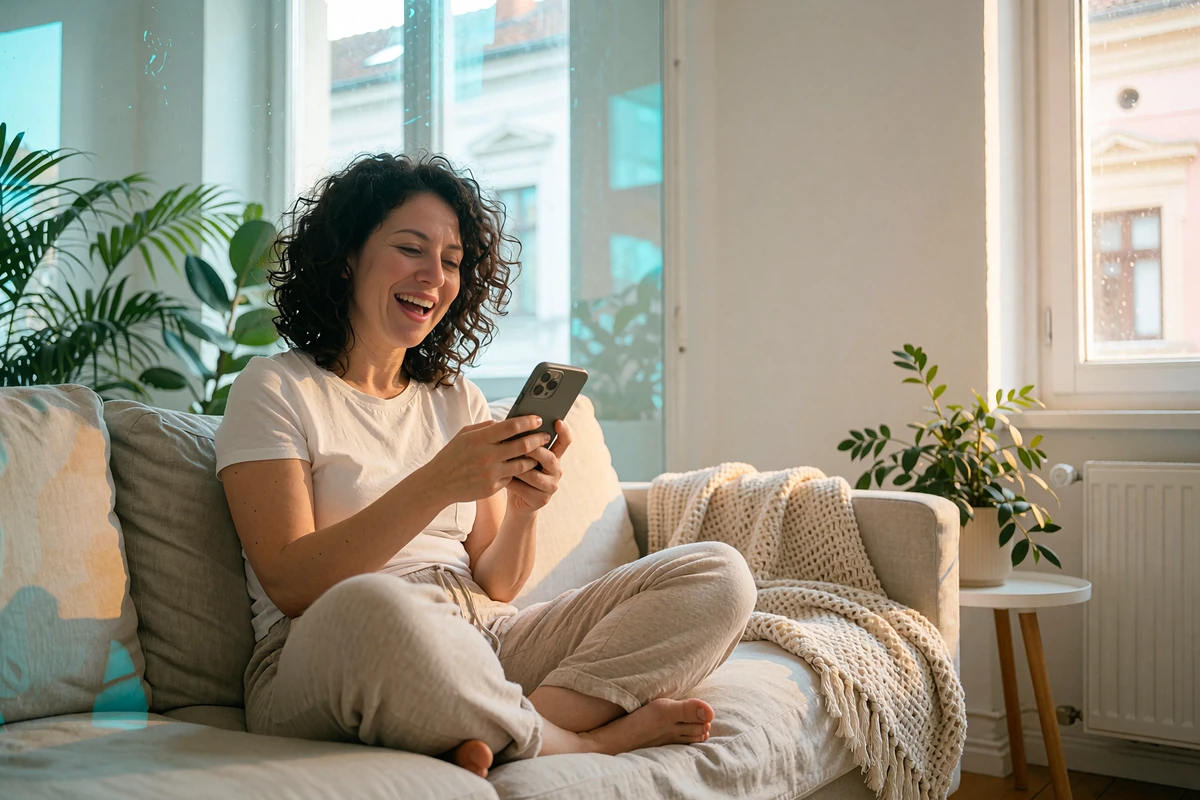 Woman in a white tee laughing at a message on her phone on a linen sofa, showing how good conversation starters land