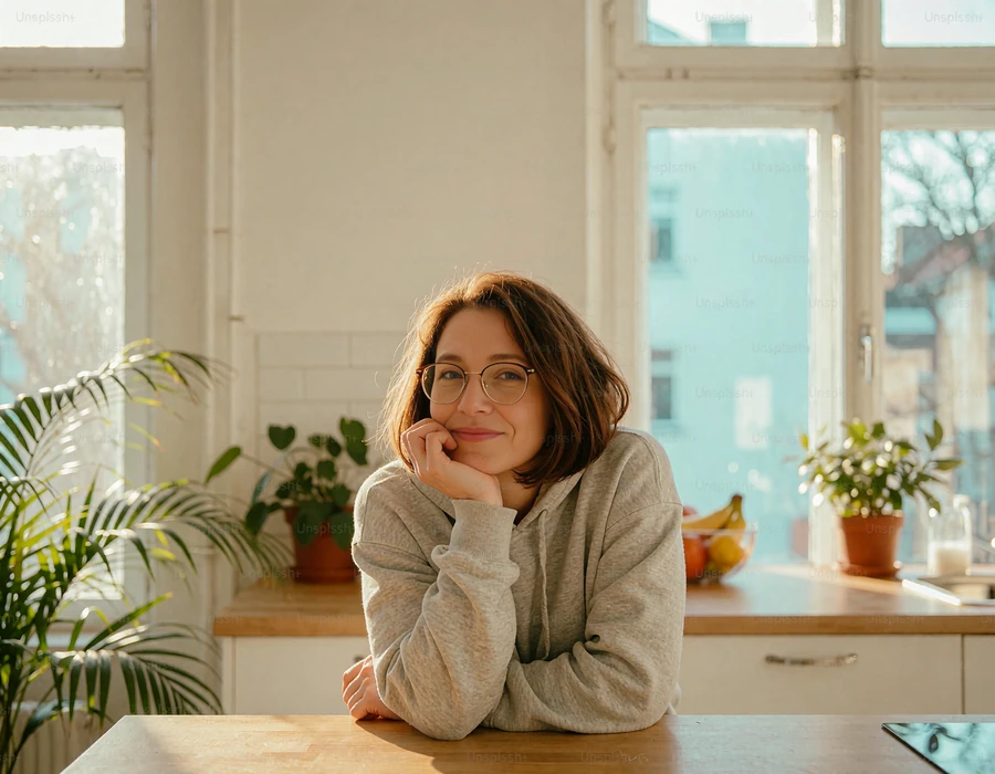 Illustrative profile photo of a woman in round glasses and a gray hoodie smiling shyly at a kitchen counter