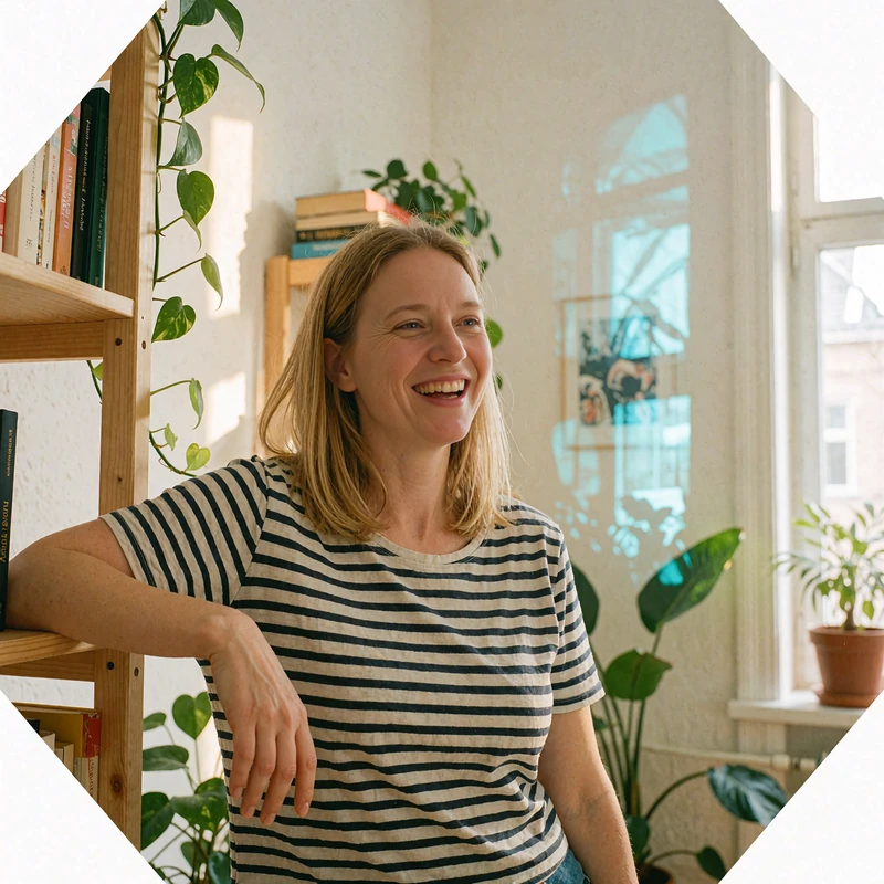 Blonde woman in a striped top laughing by a bookshelf, the relaxed mood of a good dating app conversation