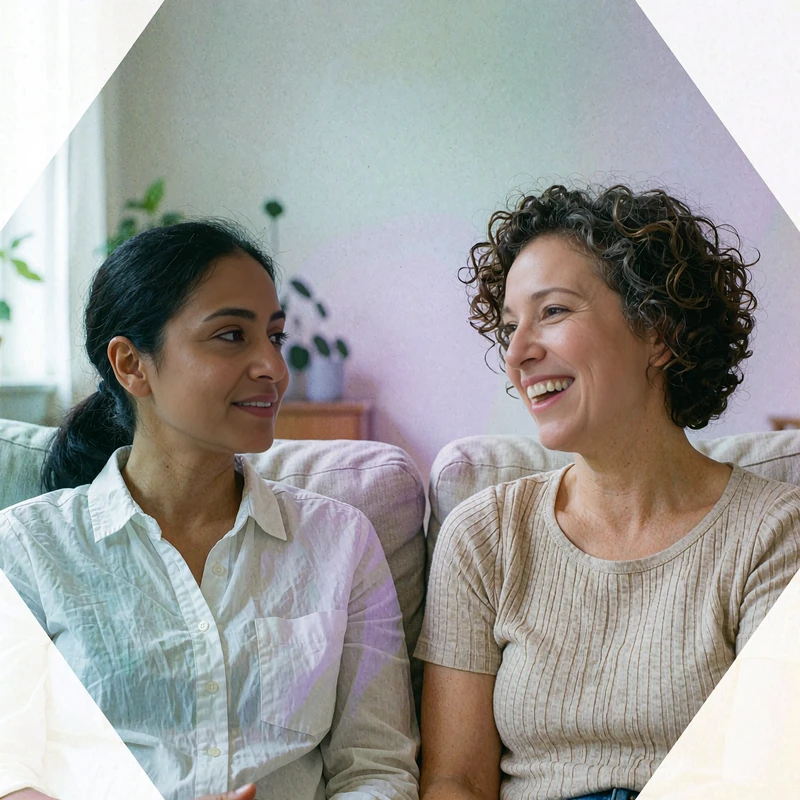 Two friends in a white shirt and beige top chatting on a linen sofa, a relaxed look at everyday dating life