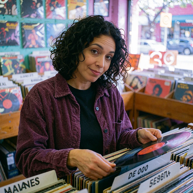 Smiling woman in a plum corduroy shirt flipping through vinyl records in a music shop, a relatable dating profile vibe