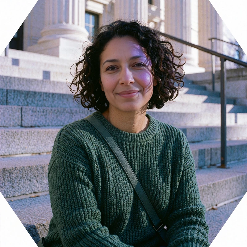 Woman in a forest-green sweater smiling calmly on public library steps, a confident look for safe dating profiles