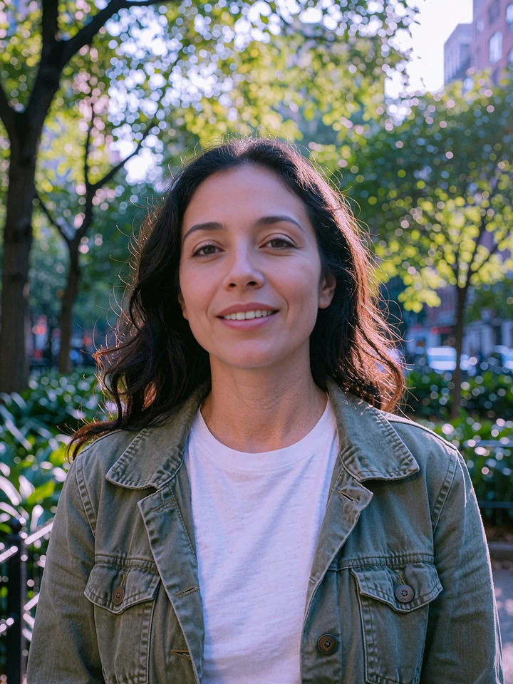 Illustrative dating profile photo of a smiling woman in an olive jacket and white tee in a leafy city park