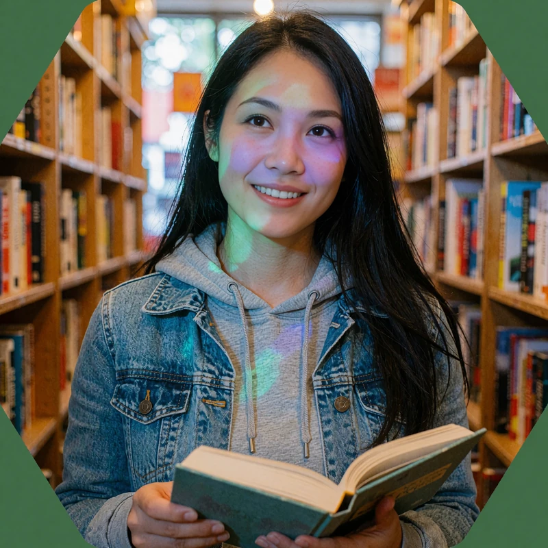 Smiling woman in a gray hoodie and denim jacket browsing a bookstore, a curious take on trying dating sites for free first