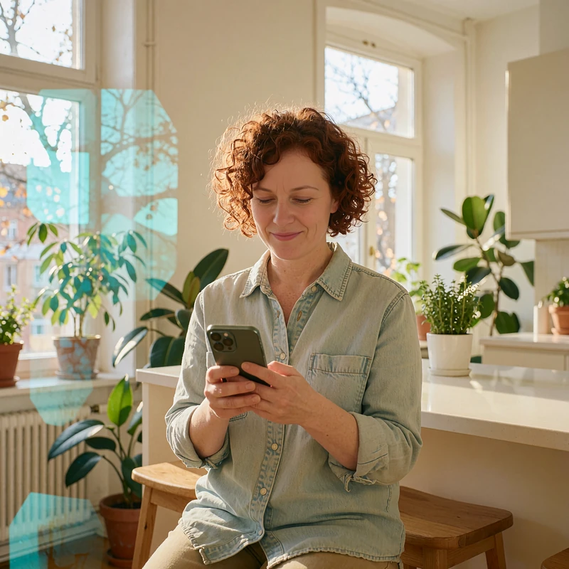 Woman in a denim shirt smiling at her phone on a kitchen stool, reading a message from a dating site chat