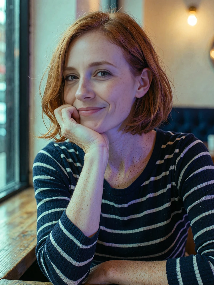 Illustrative profile example of a red-haired woman in a striped top smiling shyly at a cafe window seat