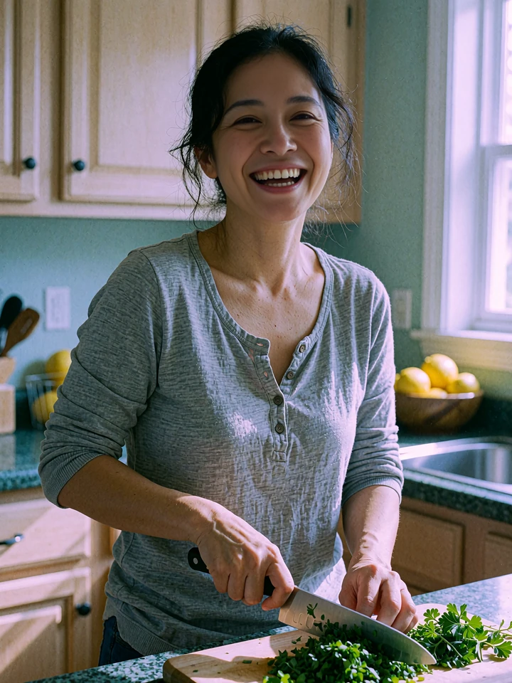 Sample profile card photo of a woman in a gray henley laughing while chopping herbs in a home kitchen