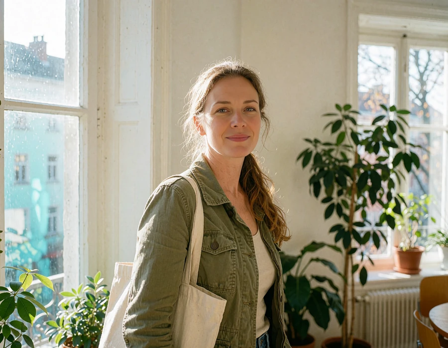 Sample dating profile image of a woman in an olive jacket with a tote bag smiling by a sunlit window