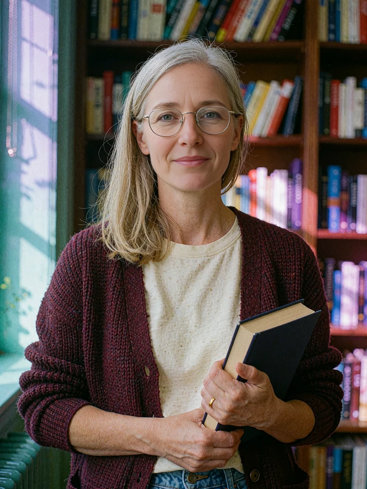 Example profile photo of a woman in glasses and a burgundy cardigan holding a book by a shelf