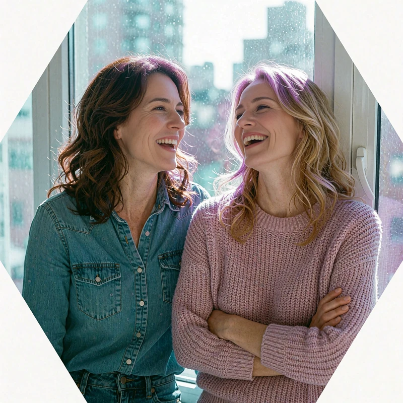Two women in a denim shirt and pink knit sweater laughing by a bright window, natural everyday dating vibe