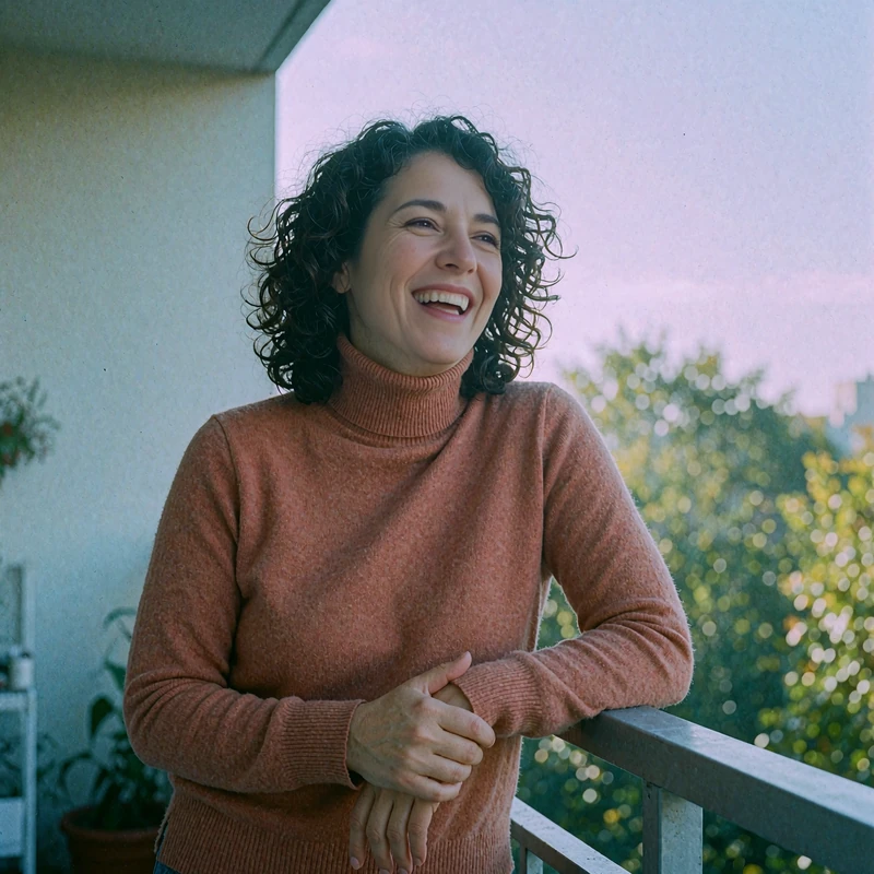 Woman in a terracotta turtleneck laughing on an apartment balcony, a warm everyday mood for online dating