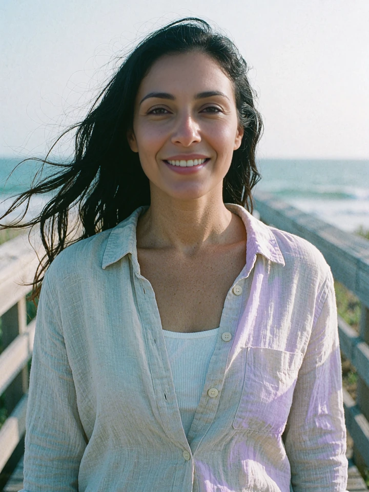 Sample dating profile image of a woman in a sand linen shirt smiling on an ocean boardwalk on a breezy day