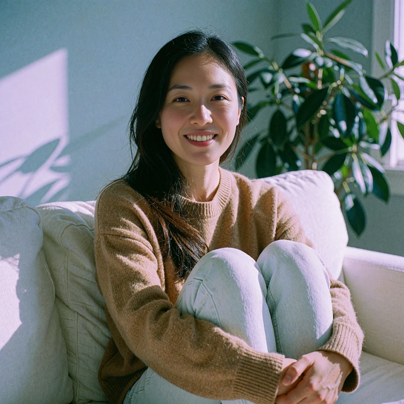 Smiling woman in a camel sweater and jeans curled up on a white sofa, warm and approachable mood for online dating