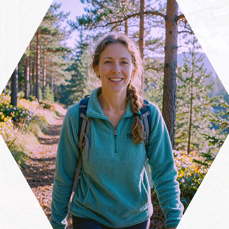 Woman in a teal fleece and daypack smiling on a forest hiking trail, an outdoorsy example of dating apps that actually work