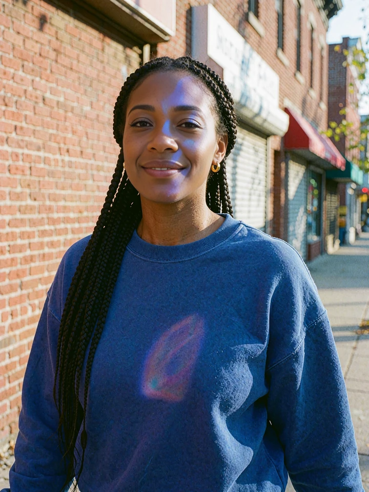 Illustrative member card of a woman with box braids in a cobalt sweatshirt smiling on a sunny sidewalk