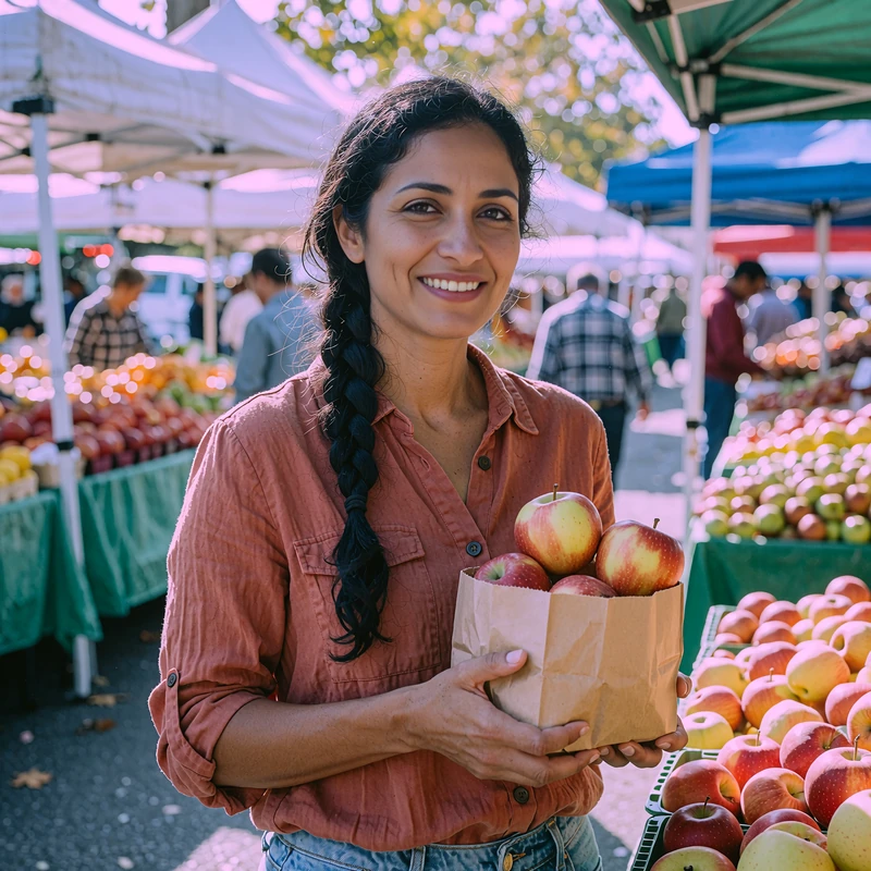 Woman in a rust button-up shirt holding apples at a farmers market, an open and trustworthy everyday dating vibe